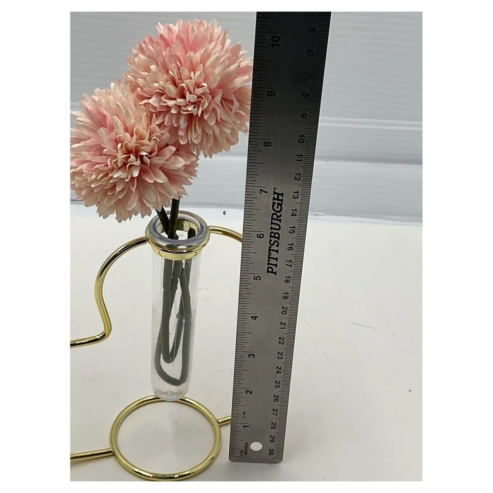 Unbranded‎ Gold Metal Heart Bud Vase Pink Artificial Pom Pom Arrangement 8